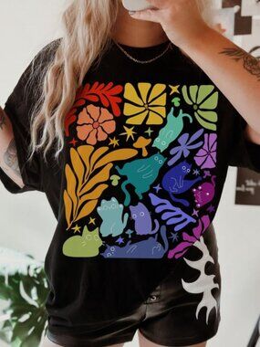 Rainbow Cats Shirt, Boho Matisse Style Pride Tee